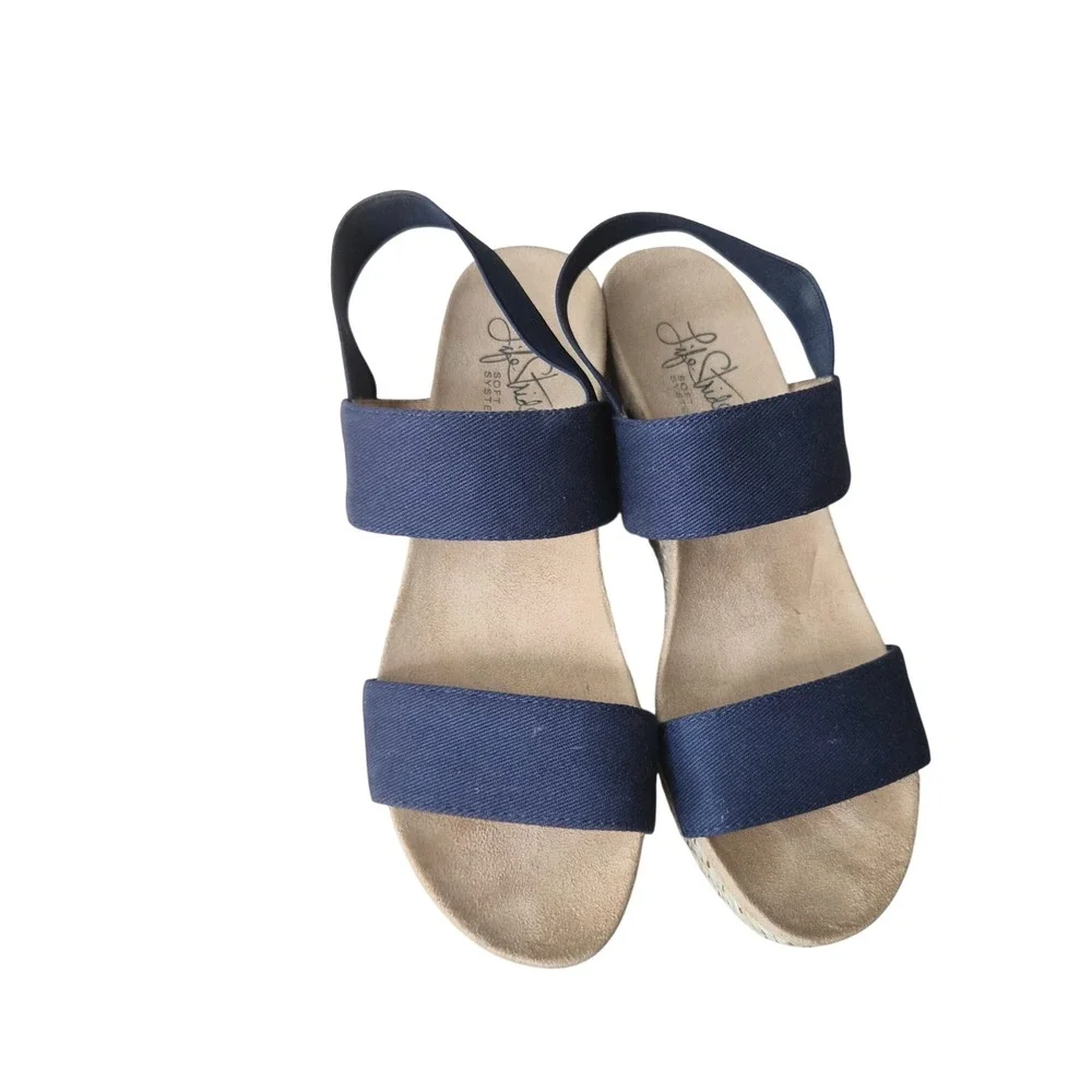 LifeStride Soft System Navy Blue Elastic Strap Espadrille Wedge Sandals Womens 7